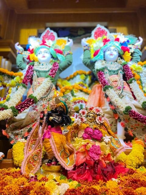 पुष्प अभिषेकासाठी फुलांनी सजवलेले विग्रह, इस्कॉन सातारा — छायाचित्र ८ / १०